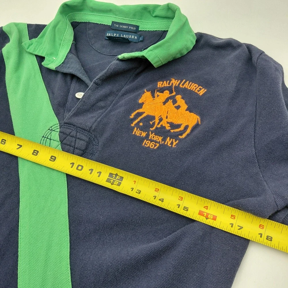 Ralph Lauren Kids L Blue Skinny Polo Shirt Green Sash Big Pony Orange Logo Y2K
